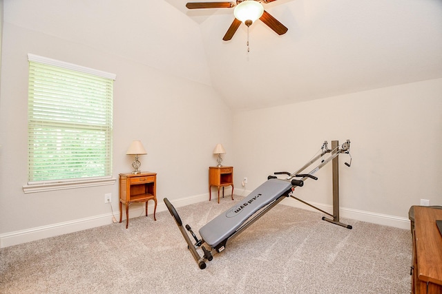 1704 Graystone Hills Dr, Conroe, TX 77304 - workout area with carpet flooring, ceiling fan, lofted ceiling, and baseboards