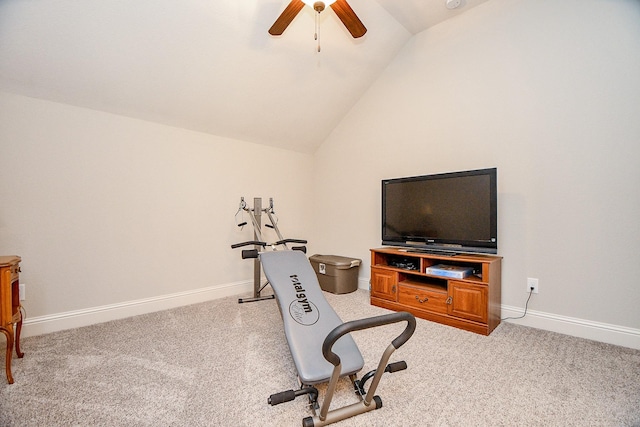 1704 Graystone Hills Dr, Conroe, TX 77304 - workout area with a ceiling fan, vaulted ceiling, carpet floors, and baseboards