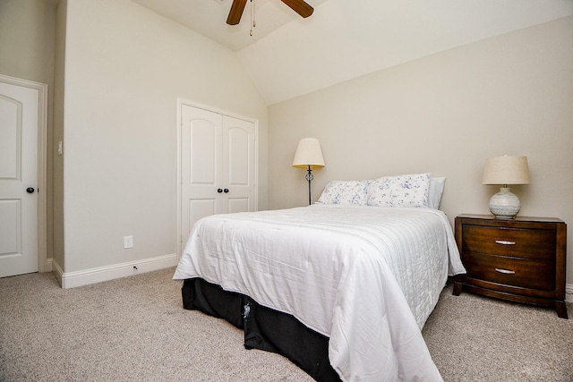 1704 Graystone Hills Dr, Conroe, TX 77304 - carpeted bedroom with a closet, vaulted ceiling, baseboards, and a ceiling fan