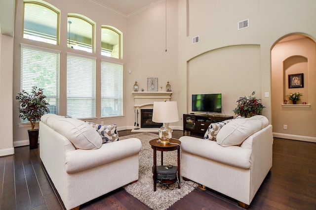 1704 Graystone Hills Dr, Conroe, TX 77304 - living room featuring crown molding, baseboards, dark wood-type flooring, arched walkways, and a towering ceiling