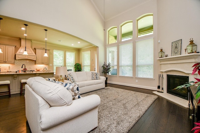 1704 Graystone Hills Dr, Conroe, TX 77304 - living room featuring crown molding, dark wood-style floors, a glass covered fireplace, baseboards, and a high ceiling