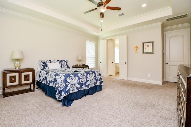1704 Graystone Hills Dr, Conroe, TX 77304 - carpeted bedroom featuring a raised ceiling, crown molding, recessed lighting, baseboards, and a ceiling fan