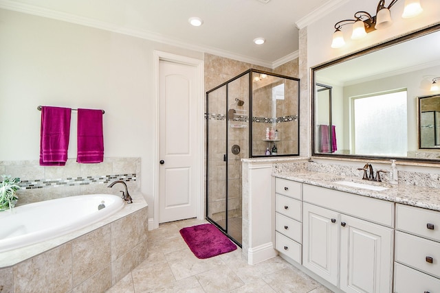 1704 Graystone Hills Dr, Conroe, TX 77304 - bathroom with a garden tub, crown molding, vanity, a shower stall, and tile patterned flooring