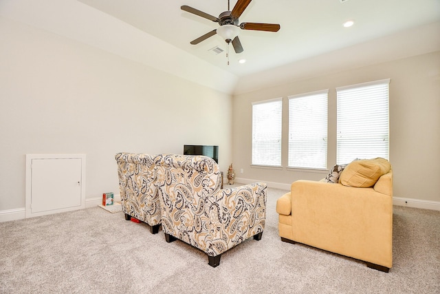 1704 Graystone Hills Dr, Conroe, TX 77304 - living room featuring carpet, ceiling fan, baseboards, recessed lighting, and lofted ceiling
