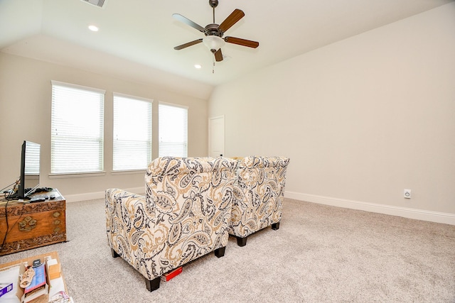 1704 Graystone Hills Dr, Conroe, TX 77304 - living area with ceiling fan, carpet floors, baseboards, recessed lighting, and vaulted ceiling