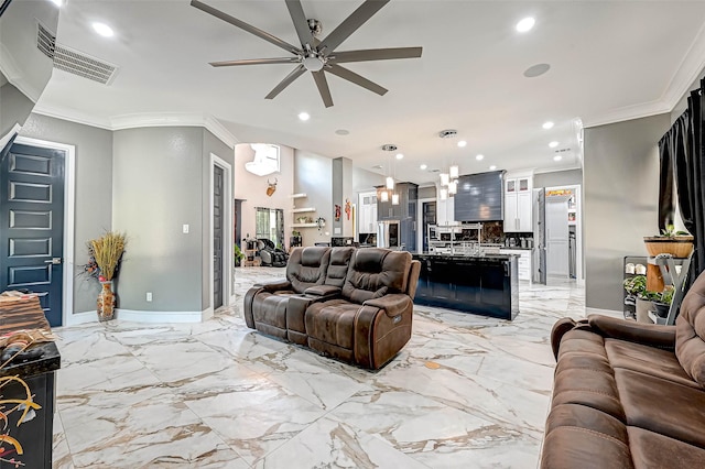 6121 County Road 225, Hungerford, TX 77448 - living room featuring ceiling fan, crown molding, recessed lighting, light marble finish floors, and baseboards
