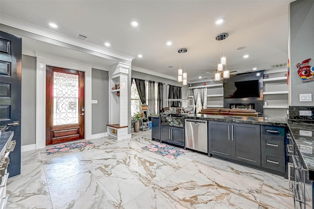 6121 County Road 225, Hungerford, TX 77448 - kitchen with dishwasher, ornamental molding, baseboards, open floor plan, and recessed lighting