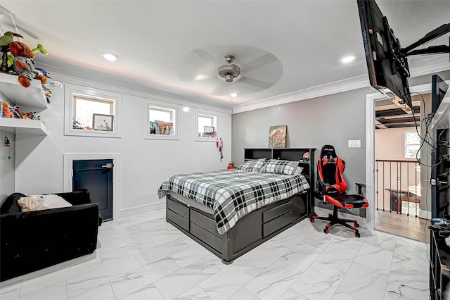 6121 County Road 225, Hungerford, TX 77448 - bedroom featuring multiple windows, crown molding, light marble finish floors, recessed lighting, and ceiling fan