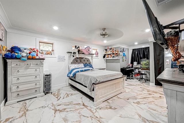 6121 County Road 225, Hungerford, TX 77448 - bedroom with ornamental molding, light marble finish flooring, recessed lighting, a ceiling fan, and a desk
