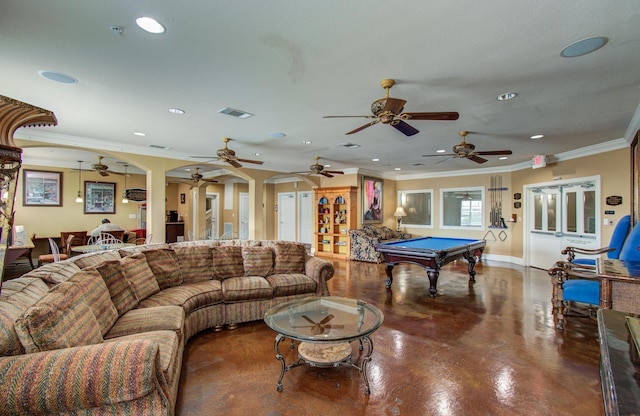1711 Old Spanish Trl Unit 401, Houston, TX 77054 - living area with billiards, a ceiling fan, ornamental molding, recessed lighting, and baseboards