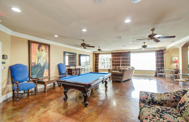 1711 Old Spanish Trl Unit 401, Houston, TX 77054 - recreation room with concrete flooring, crown molding, baseboards, recessed lighting, and pool table