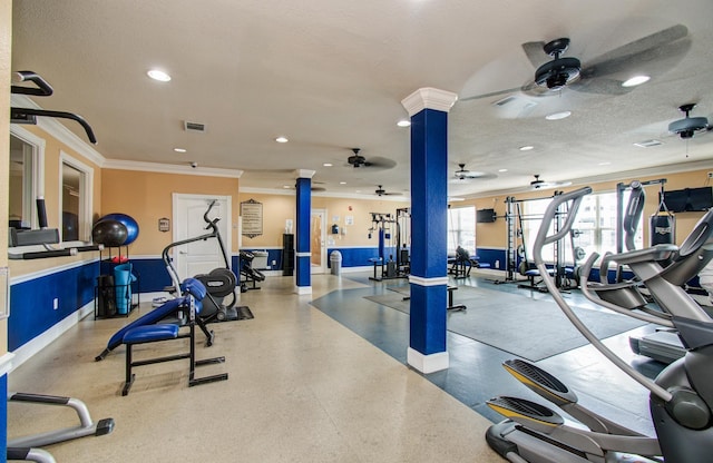 1711 Old Spanish Trl Unit 401, Houston, TX 77054 - workout area featuring ceiling fan, crown molding, baseboards, recessed lighting, and decorative columns
