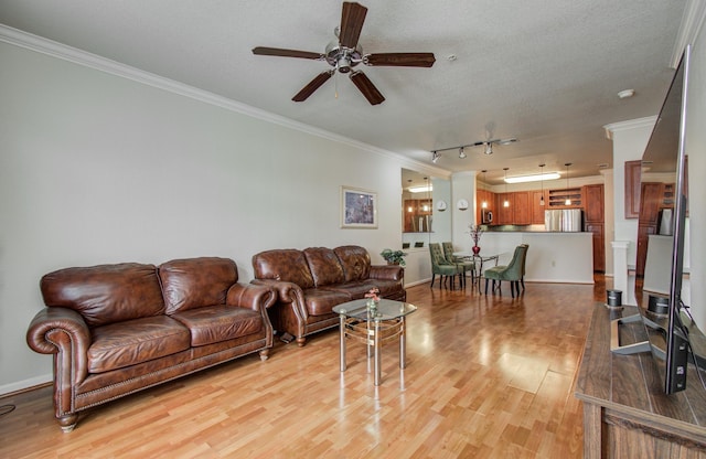 1711 Old Spanish Trl Unit 401, Houston, TX 77054 - living room with ornamental molding, ceiling fan, light wood-type flooring, baseboards, and a textured ceiling