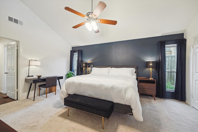 2227 Holly Knoll St, Houston, TX 77077 - carpeted bedroom featuring high vaulted ceiling, baseboards, and a ceiling fan