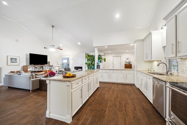 2227 Holly Knoll St, Houston, TX 77077 - kitchen featuring appliances with stainless steel finishes, a sink, open floor plan, light stone countertops, and dark wood-style floors