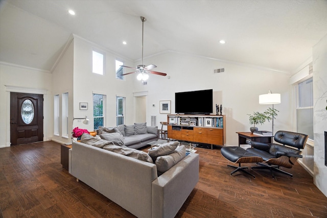 2227 Holly Knoll St, Houston, TX 77077 - living area featuring dark wood finished floors, ceiling fan, crown molding, high vaulted ceiling, and recessed lighting