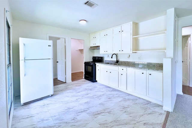 320 Azalea St, Lake Jackson, TX 77566 - kitchen featuring freestanding refrigerator, black / electric stove, a sink, open shelves, and under cabinet range hood
