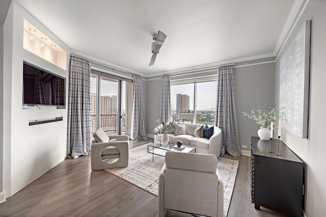 3333 Allen Pkwy Unit 1302, Houston, TX 77019 - living room with ornamental molding, wood finished floors, ceiling fan, and baseboards