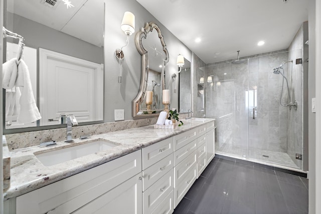 3333 Allen Pkwy Unit 1302, Houston, TX 77019 - full bathroom with double vanity, a shower stall, tile patterned floors, and recessed lighting