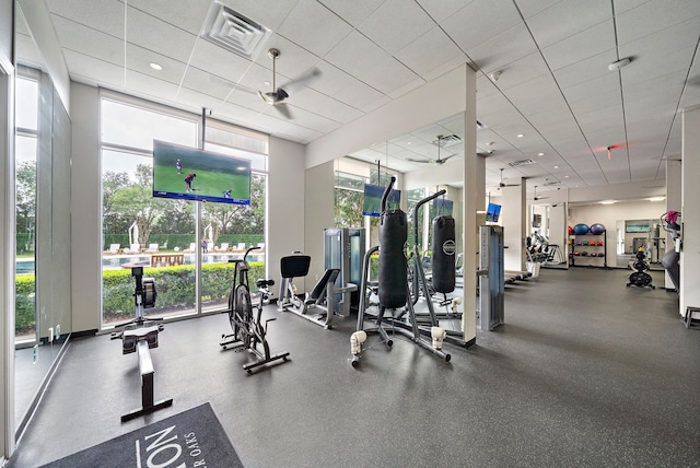 3333 Allen Pkwy Unit 1302, Houston, TX 77019 - gym featuring plenty of natural light, a wall of windows, and a paneled ceiling
