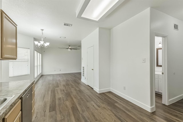 15503 Hickory Dale St, Cypress, TX 77429 - unfurnished living room with dark wood-type flooring, a chandelier, baseboards, and a ceiling fan