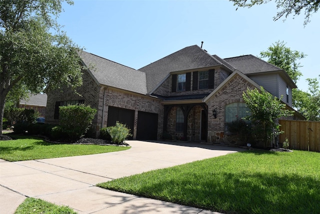 3314 Saint Charles Ct, Missouri City, TX 77459 - french country inspired facade featuring driveway, brick siding, a shingled roof, an attached garage, and stone siding