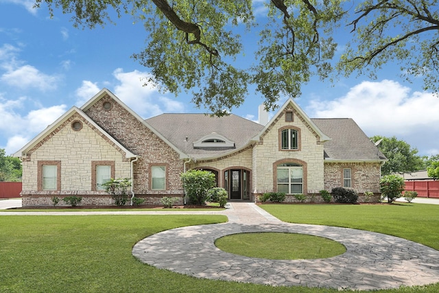 13635 Reeveston Rd, Houston, TX 77039 - french country inspired facade with a front yard, roof with shingles, brick siding, and stone siding
