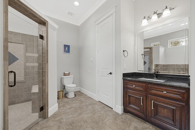 13635 Reeveston Rd, Houston, TX 77039 - full bath with toilet, vanity, a stall shower, ornamental molding, and baseboards