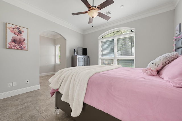 13635 Reeveston Rd, Houston, TX 77039 - bedroom with arched walkways, baseboards, crown molding, and a ceiling fan