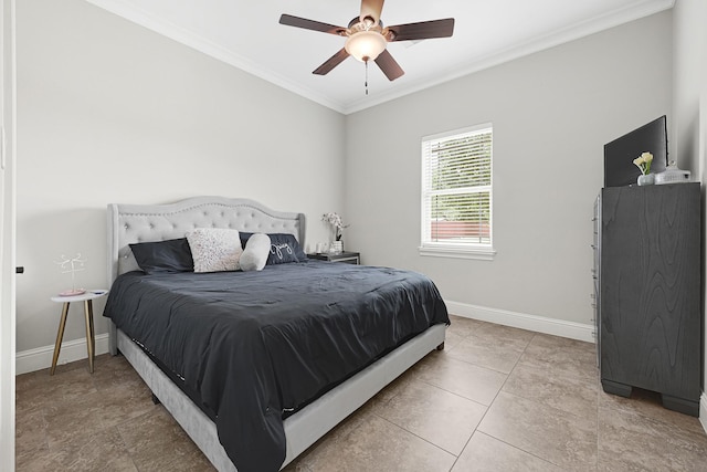 13635 Reeveston Rd, Houston, TX 77039 - bedroom featuring ornamental molding, baseboards, a ceiling fan, and light tile patterned flooring