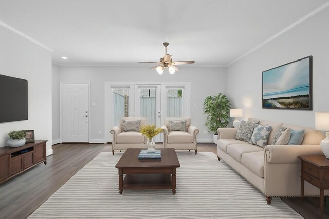 406 Wilcrest Dr Unit 406, Houston, TX 77042 - living room featuring crown molding, a ceiling fan, wood finished floors, baseboards, and recessed lighting