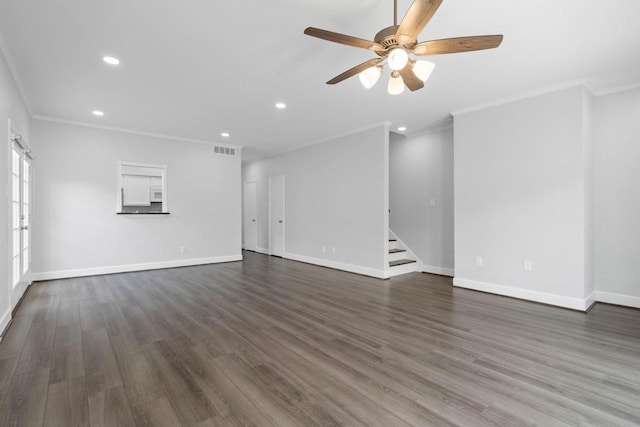 406 Wilcrest Dr Unit 406, Houston, TX 77042 - unfurnished living room with crown molding, recessed lighting, a ceiling fan, stairway, and baseboards