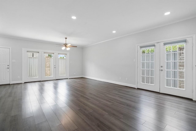 406 Wilcrest Dr Unit 406, Houston, TX 77042 - unfurnished living room featuring french doors, ceiling fan, dark wood-type flooring, recessed lighting, and baseboards
