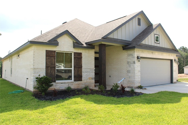 11755 Oakwood Ranch Dr, Willis, TX 77378 - view of front facade with board and batten siding, roof with shingles, brick siding, and a front lawn