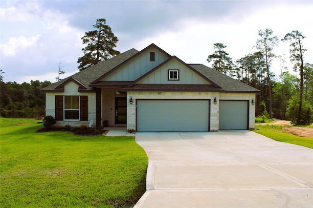11755 Oakwood Ranch Dr, Willis, TX 77378 - craftsman-style house featuring roof with shingles, driveway, a front yard, a garage, and brick siding