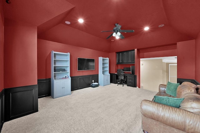 17114 Bur Oak Ct, Spring, TX 77379 - home theater featuring carpet, vaulted ceiling, a ceiling fan, a wainscoted wall, and recessed lighting