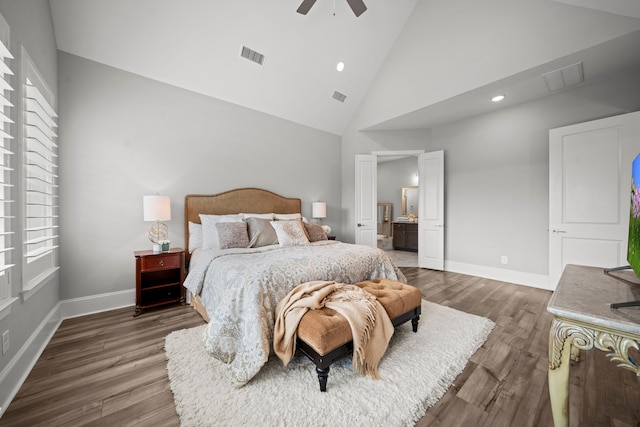2310 Desert Holly Dr, Katy, TX 77493 - bedroom featuring multiple windows, high vaulted ceiling, wood finished floors, baseboards, and recessed lighting