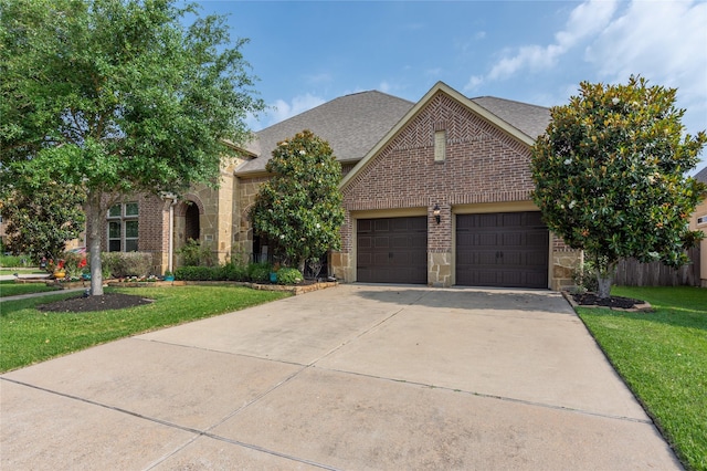10040 Easton Sky Ln, Cypress, TX 77433 - view of front of home featuring brick siding, concrete driveway, a garage, a front lawn, and stone siding