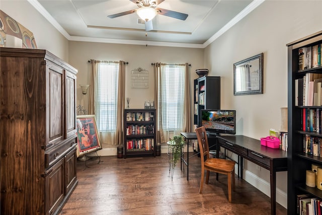 10040 Easton Sky Ln, Cypress, TX 77433 - office area featuring ceiling fan, dark wood-type flooring, baseboards, and ornamental molding