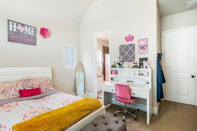 10040 Easton Sky Ln, Cypress, TX 77433 - bedroom featuring carpet, lofted ceiling, baseboards, and ensuite bathroom