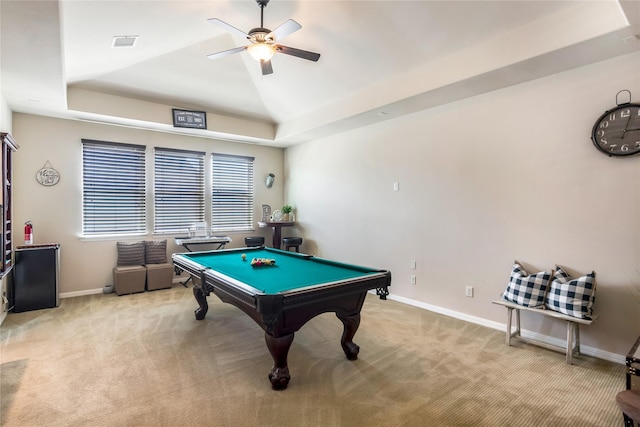 10040 Easton Sky Ln, Cypress, TX 77433 - recreation room with billiards, light colored carpet, ceiling fan, baseboards, and vaulted ceiling