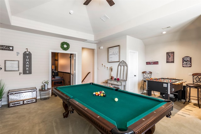 10040 Easton Sky Ln, Cypress, TX 77433 - game room with billiards table, carpet floors, ceiling fan, and baseboards