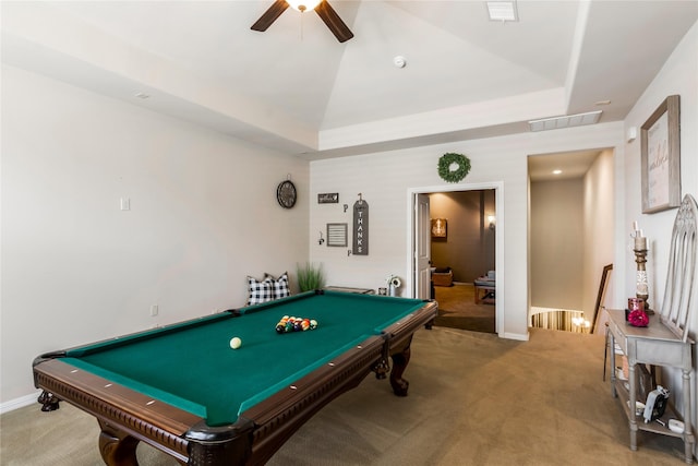 10040 Easton Sky Ln, Cypress, TX 77433 - rec room featuring carpet floors, a ceiling fan, pool table, baseboards, and a tray ceiling