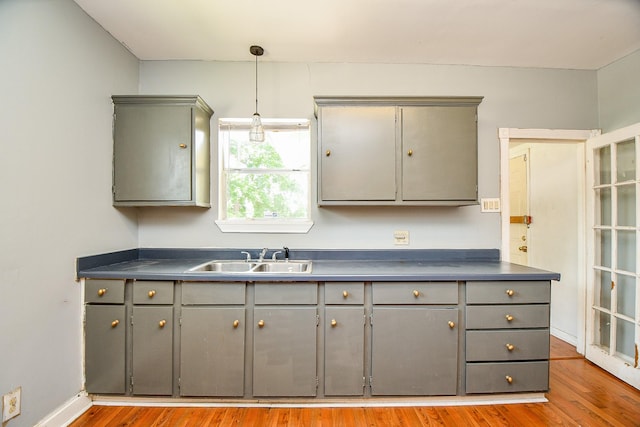 101 Emerald Ct, Houston, TX 77009 - kitchen with gray cabinets, a sink, and dark countertops