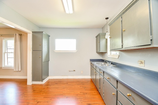 101 Emerald Ct, Houston, TX 77009 - kitchen with a sink, gray cabinetry, and light wood-style flooring