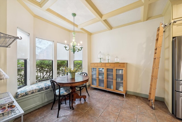 210 Victoria Way, Friendswood, TX 77546 - dining space featuring coffered ceiling, a chandelier, beam ceiling, crown molding, and baseboards