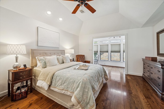 210 Victoria Way, Friendswood, TX 77546 - bedroom with vaulted ceiling, dark wood-style floors, recessed lighting, baseboards, and a ceiling fan