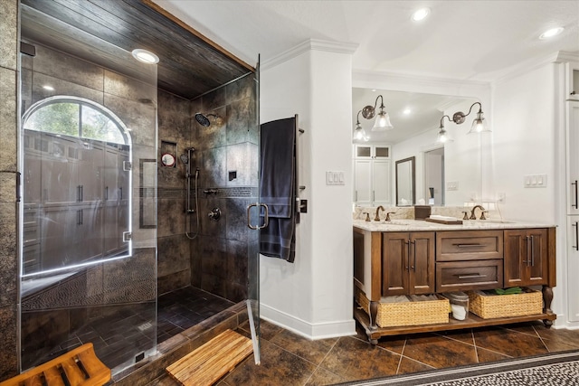 210 Victoria Way, Friendswood, TX 77546 - bathroom with ornamental molding, double vanity, a stall shower, baseboards, and recessed lighting