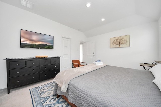 2947 Palominos Way, Conroe, TX 77301 - bedroom featuring light carpet, vaulted ceiling, and recessed lighting