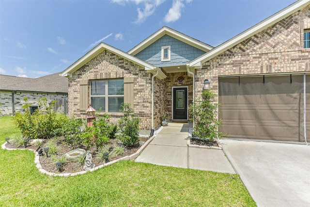 22107 Juniper Crossing Dr, New Caney, TX 77357 - view of front of house featuring concrete driveway, a front lawn, brick siding, and an attached garage